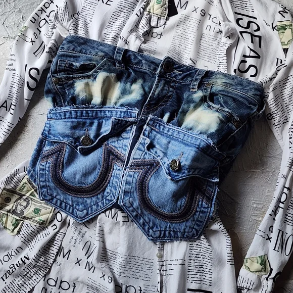 Designer Corset Sexy Top Upcycled Denim Distressed Fabric Boho Shabby Chic - Picture 6 of 14